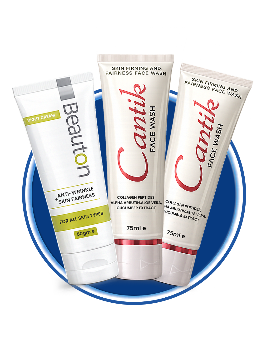 Two Cantik facewashes and one Beauton Night Cream from Beauton Cosmetics displayed on a clean surface.
