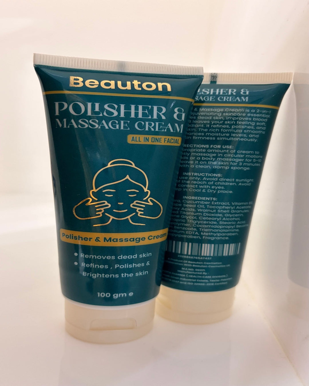 Two tubes of Beauton Polisher & Massage Cream on a white background