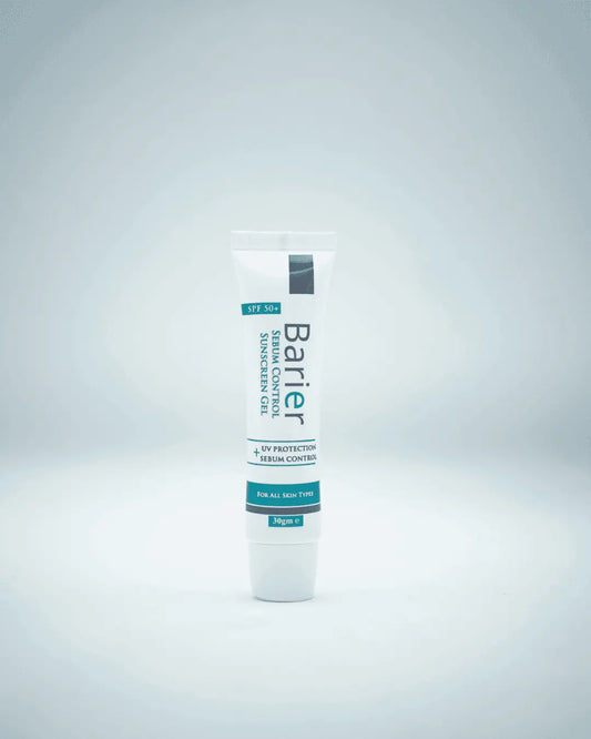 Barier Sunscreen Gel SPF 50+ being applied to skin, showing its invisible, matte finish ideal for oily and acne-prone skin without a white cast.