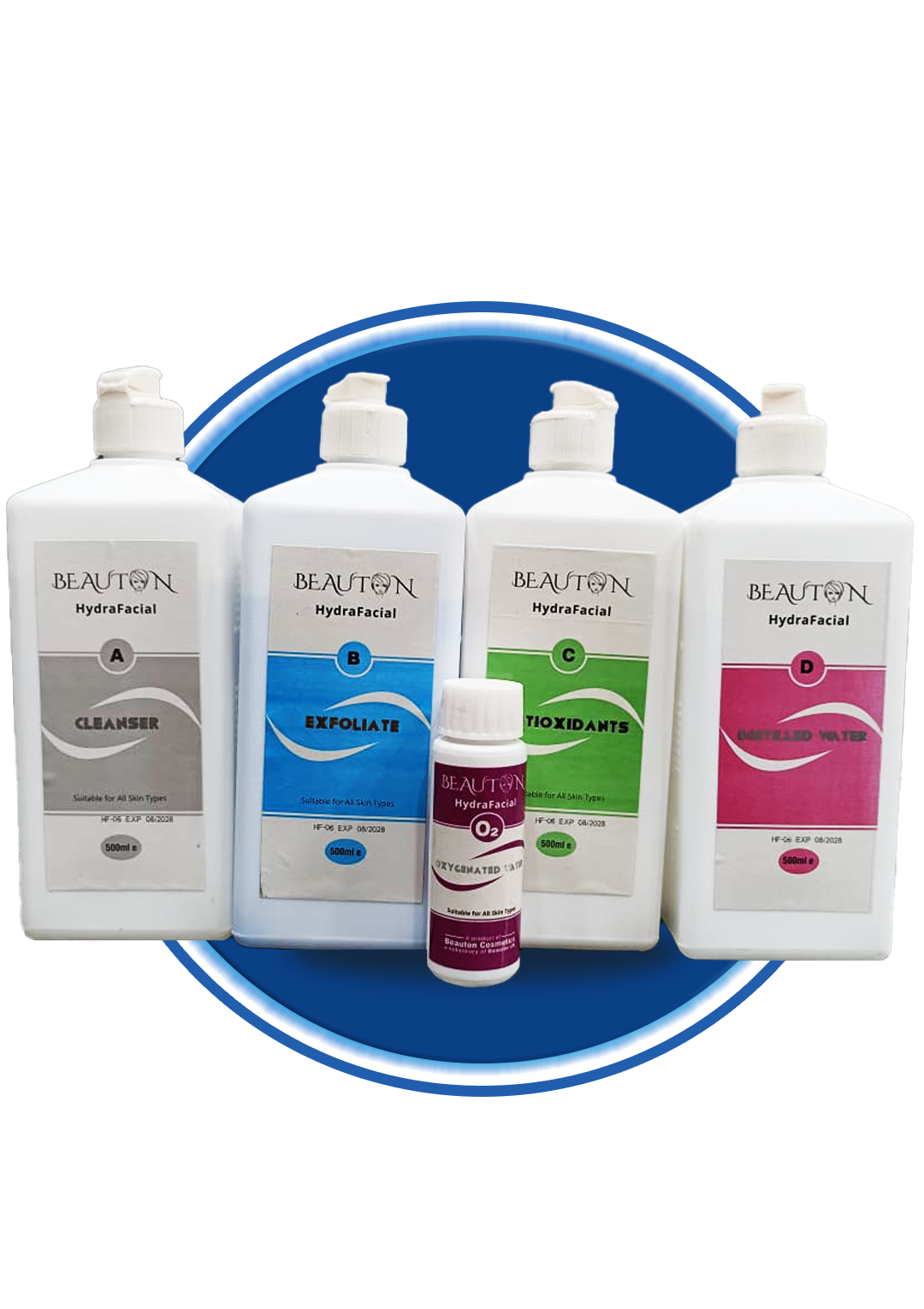 Set of five Hydrafacial serums by Beauton Cosmetics, featuring clear bottles with dropper caps for skincare treatment.