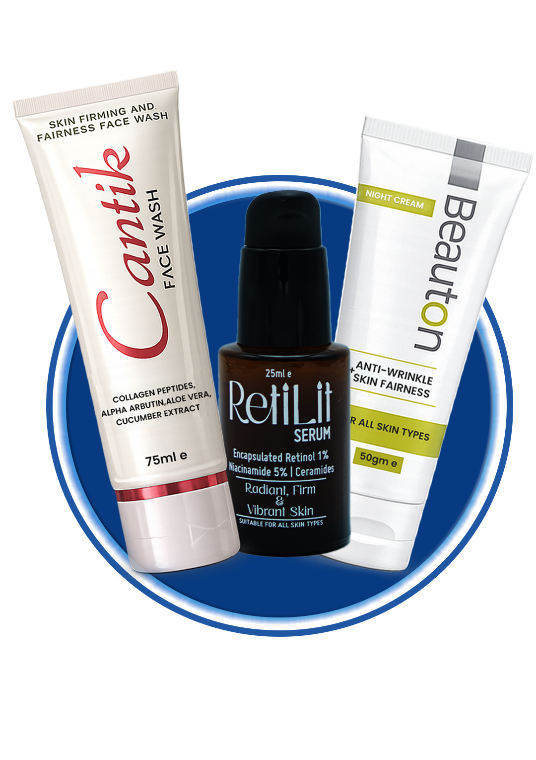 Beauton Cosmetics Anti-Wrinkle Combo with skincare products for reducing wrinkles and improving skin elasticity.