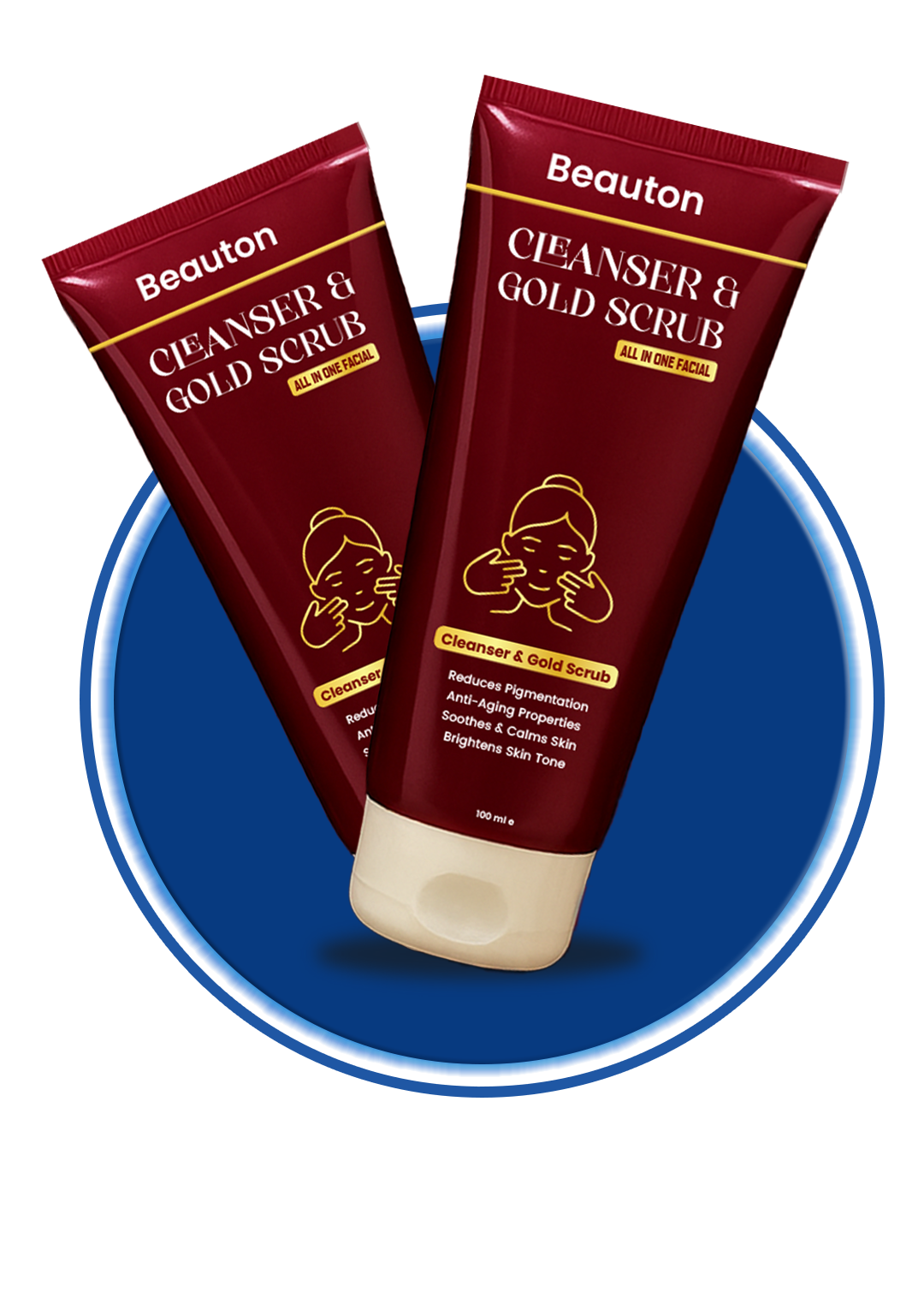 Beauton Cosmetics Cleanser and Gold Scrub set, featuring a jar of gold-infused scrub and cleansing product in sleek packaging