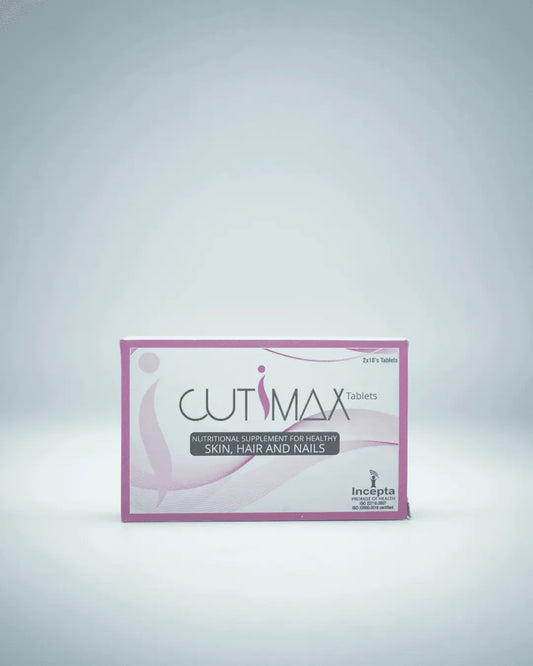 Cutimax Tablets bottle, a nutritional supplement for maximum support of healthy skin, strong hair, and durable nails.