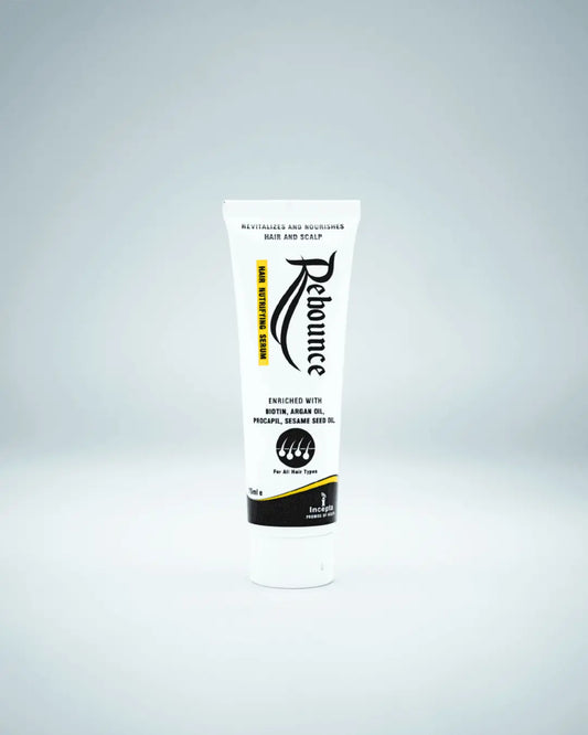 Rebounce Hair Nutrifying Serum for stronger, fuller, and healthier hair, a non-greasy, leave-in solution.