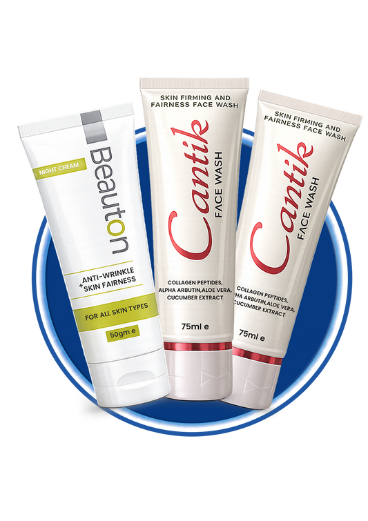 Two Cantik facewashes and one Beauton Night Cream from Beauton Cosmetics displayed on a clean surface.