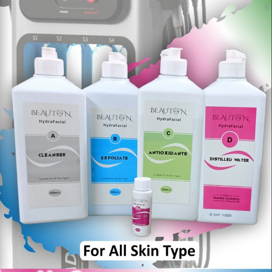 Beauton HydraFacial serum set with equipment and branding details.