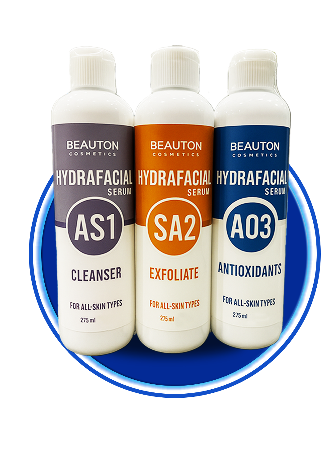 Set of three Hydrafacial serums by Beauton Cosmetics, featuring small bottles with vibrant labels for skincare treatment.