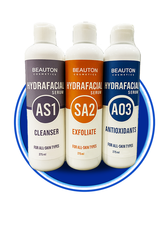 Three bottles of Hydrafacial serum set by Beauton Cosmetics arranged on a white background.