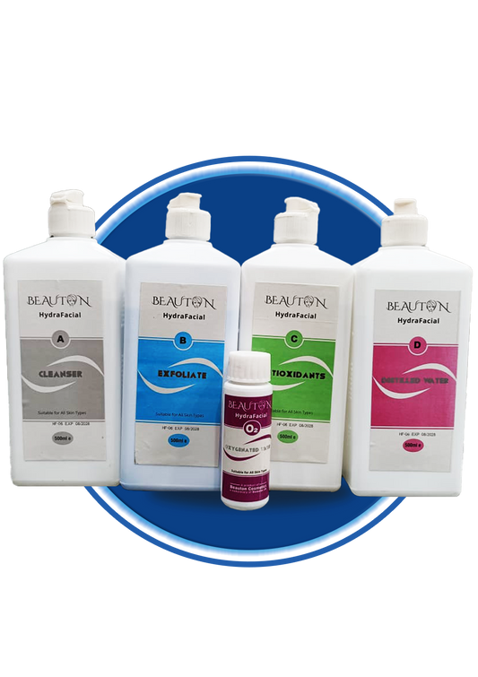 Set of five Hydrafacial serums by Beauton Cosmetics, featuring clear bottles with dropper caps for skincare treatment.