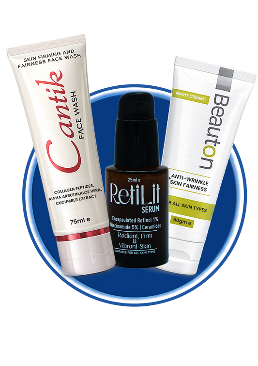 Beauton Cosmetics anti-wrinkle combo featuring skincare products to reduce wrinkles and improve skin elasticity.