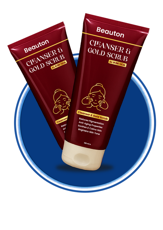 Beauton Cosmetics Cleanser and Gold Scrub set, featuring a jar of gold-infused scrub and cleansing product in sleek packaging