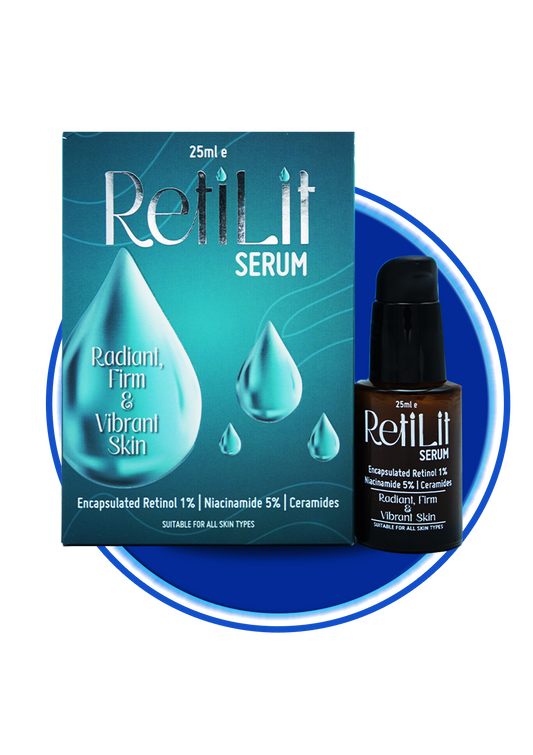 Beauton Cosmetics Retilit Serum bottle with label, showcasing a skincare product in a sleek, modern container.