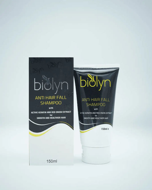 Biolyn Anti-Hair Fall Shampoo being lathered onto wet hair and scalp, restoring natural strength, shine, and vitality for daily use.