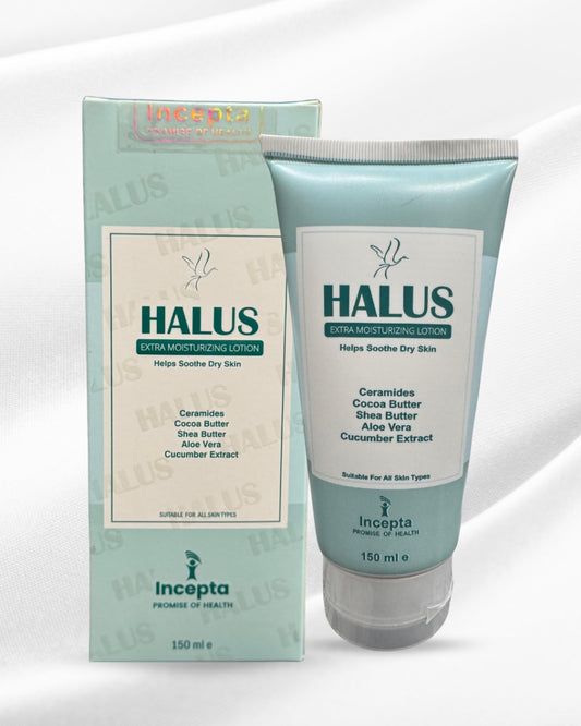 Halus Moisturizing Lotion being massaged into skin, showing its rich texture infused with Shea Butter and Cocoa Butter for deep hydration.
