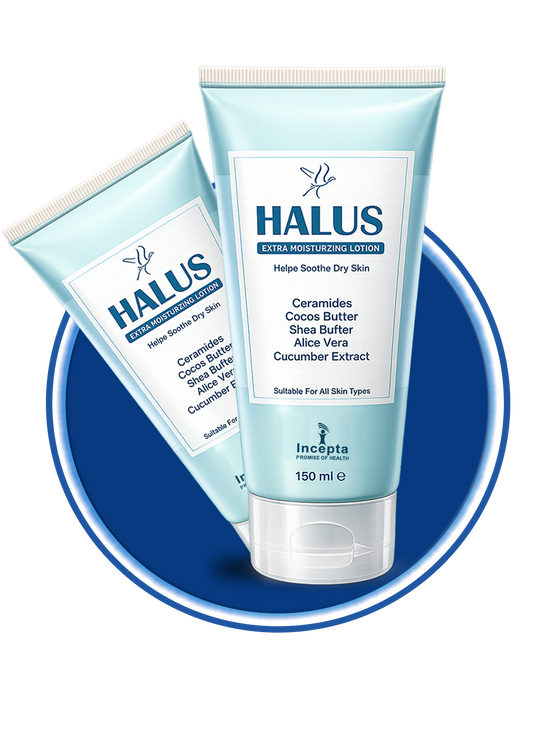 Incepta Pharma Halus Moisturizing Lotion for all skin types, shown in a sleek bottle with a pump dispenser.