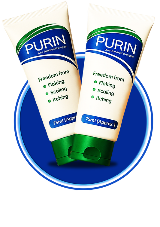 Purin Anti Dandruff Shampoo bottle by Incepta Pharma with label detail and product design on a white background.
