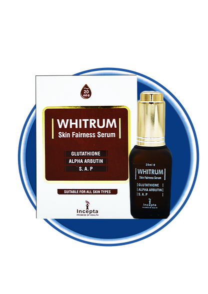 Incepta Pharma Whitrum Serum bottle with dropper, clear liquid skincare product for facial rejuvenation.