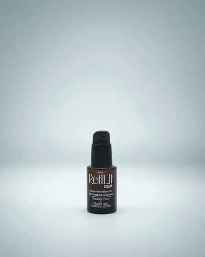 Close-up of Retilit Serum drops being applied to skin, emphasizing smoother skin and stronger skin barrier
