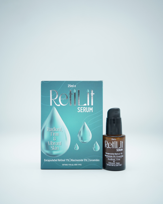 Retilit Serum bottle featuring encapsulated retinol and niacinamide for radiant skin